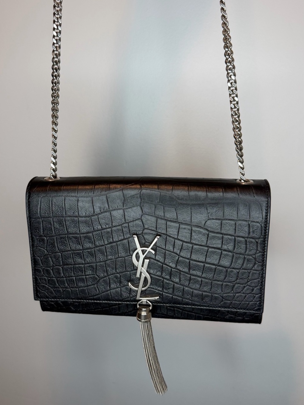 Saint Laurent Black Croc-Embossed Leather Shoulder Bag with Tassel